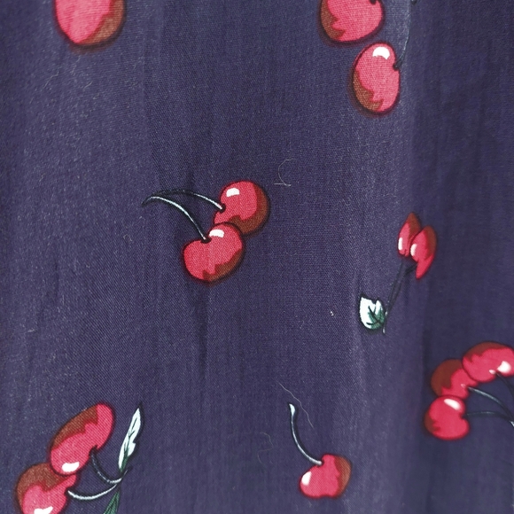 NAVY WITH WIMSICAL CHERRY PRINT MAXI / MIDI BUTTON FRONT DRESS - Picture 5 of 11